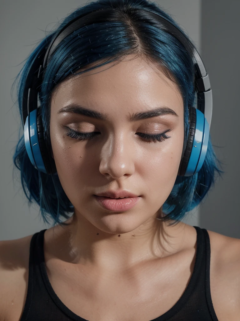 Closeup of a beautiful girl perfect face closed eyes of satisfaction and big eyelashes , with thick split lips, very bright blue hair she is wearing a tight black top she is listening to music with her headphones, very perfect and detailed high resolution image in a very bright and blurry LED lighting scenario