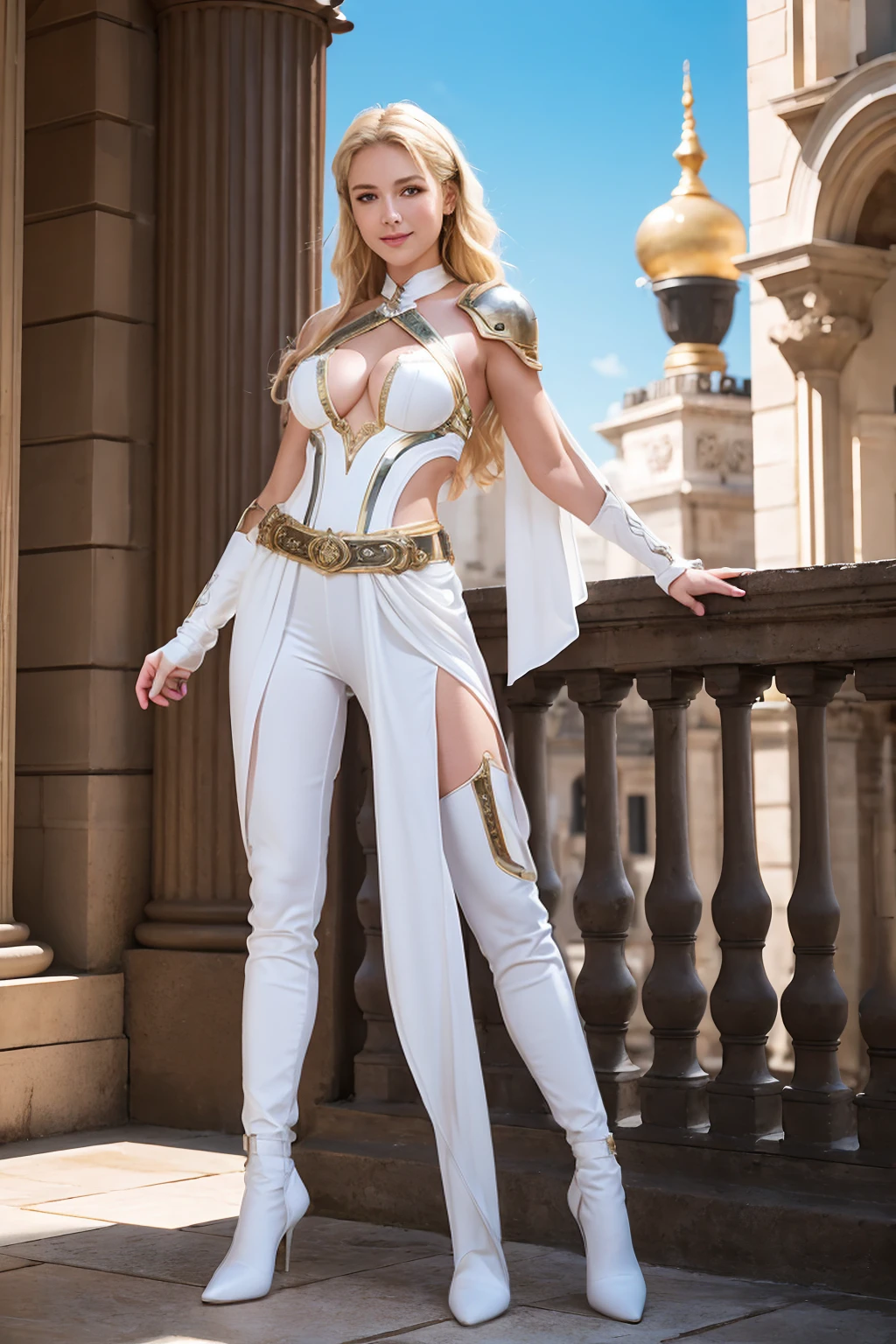 (((full body photo))), 8K,Tall female royal paladin,so beautiful(Like the real thing),Blonde curly hair,smile,Green Eyes,Gorgeous red and white breastplate,Luxury White Combat Pants,Muscular and slim body,Toned ,masterpiece,Photorealistic RAW photos of the highest quality。Bright colors,Rich colors, Backlight, Cinema Lighting, Film Grain, to be born, 50mm lens, Nikon D850,Realistic Skin,Fantasy art,Character Art,Ultra-high resolution,Realistic scale skins,Perfect hand shape,View your viewers,Royal Palace Courtyard,long, Silver sword on waist.,Luxurious white shoulder pads,Luxury White Gauntlets,luxurious white waist armor,Luxurious white leg armor,Makeup,smile,sexy,