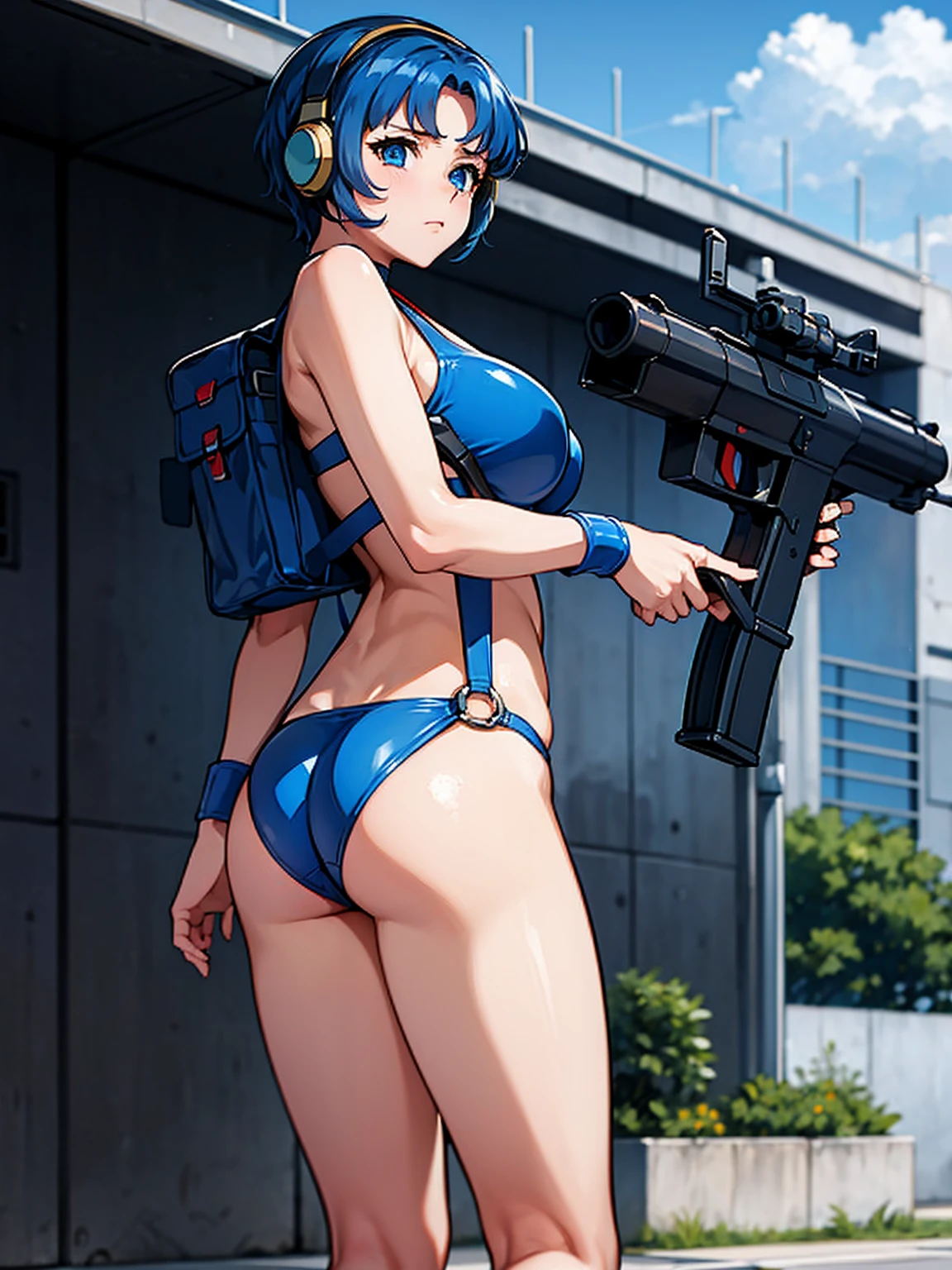 インペリアルガード戦闘服Swimwear, o-ring bikini, V Gundam, Swimwear, Absurd, High resolution, alone, Cowboy Shot, One girl, Nomad Nibble \(Cosplay\), Wristband, headphone, holster, Backpack, Possession of a gun, aim, Perfect hands, Wind, (High resolution,Highest_quality,masterpiece), Large Breasts, Huge breasts, Blue Hair, blue eyes, short hair, From the back, Butt, From behind, looking From the back, view From the back