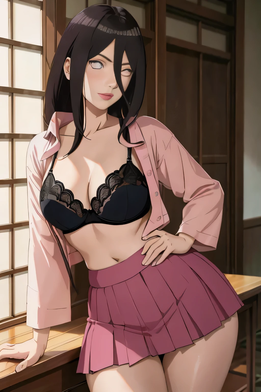 masterpiece, absurdities, hanabi\(boruto\), 1 girl, Alone,mature woman, Detailed bra lenjerie, Detailed thong lenjerie, wearing a open shirt, open bluse, wearing skirt, open skirt), perfect composition, Detailed lips, mama, beautiful face, body proportion, blush, (pink lips), long hair, purple eyes, soft look, super realistic, Detailed, Photoshoot, realistic face and body, thighs, whole body, erotic pose, provocative pose, standing pose view, ONE GIRL, ALONE
