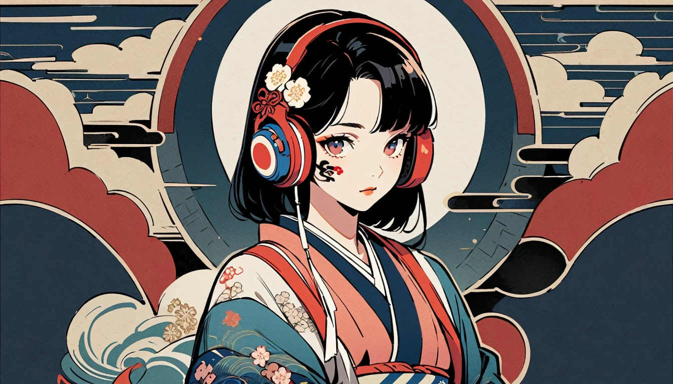 Gorgeous hair accessories, 1 girl, Tattoo on face, Japanese style headphones, beautiful girl, Black Hair, Delicate and precise, Modern ukiyo-e style, Japanese flag