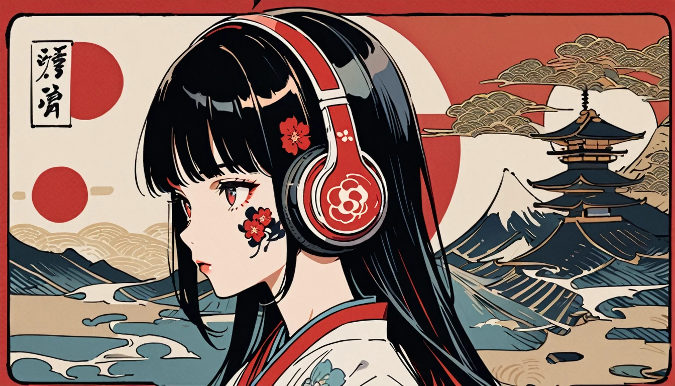 Gorgeous hair accessories, 1 girl, Tattoo on face, Japanese style headphones, beautiful girl, Black Hair, Delicate and precise, Modern ukiyo-e style, Japanese flag