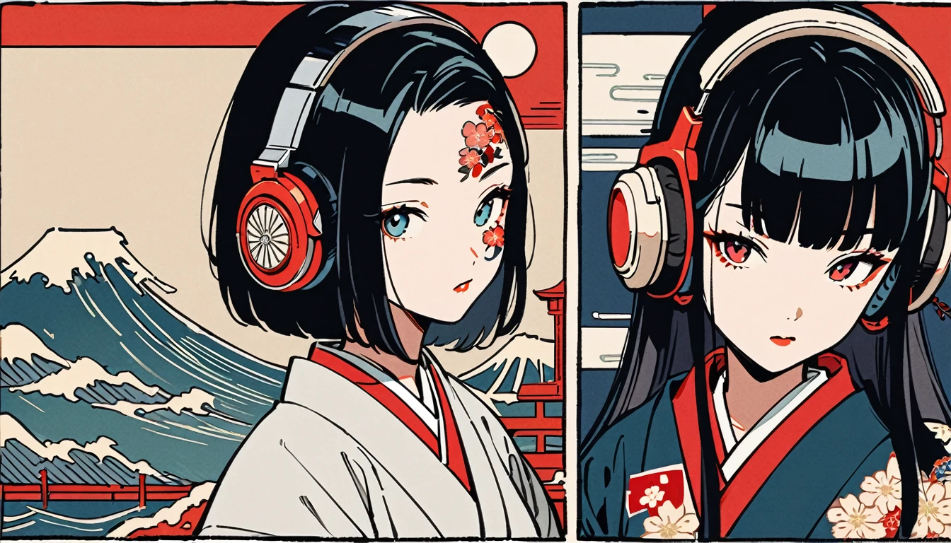 Gorgeous hair accessories, 1 girl, Tattoo on face, Japanese style headphones, beautiful girl, Black Hair, Delicate and precise, Modern ukiyo-e style, Japanese flag