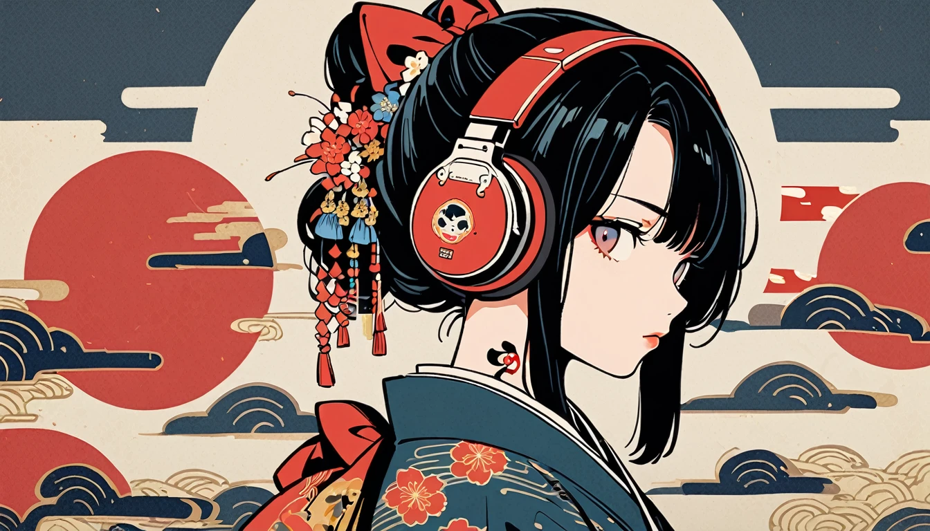 Gorgeous hair accessories, 1 girl, Tattoo on face, Japanese style headphones, beautiful girl, Black Hair, Delicate and precise, Modern ukiyo-e style, Japanese flag
