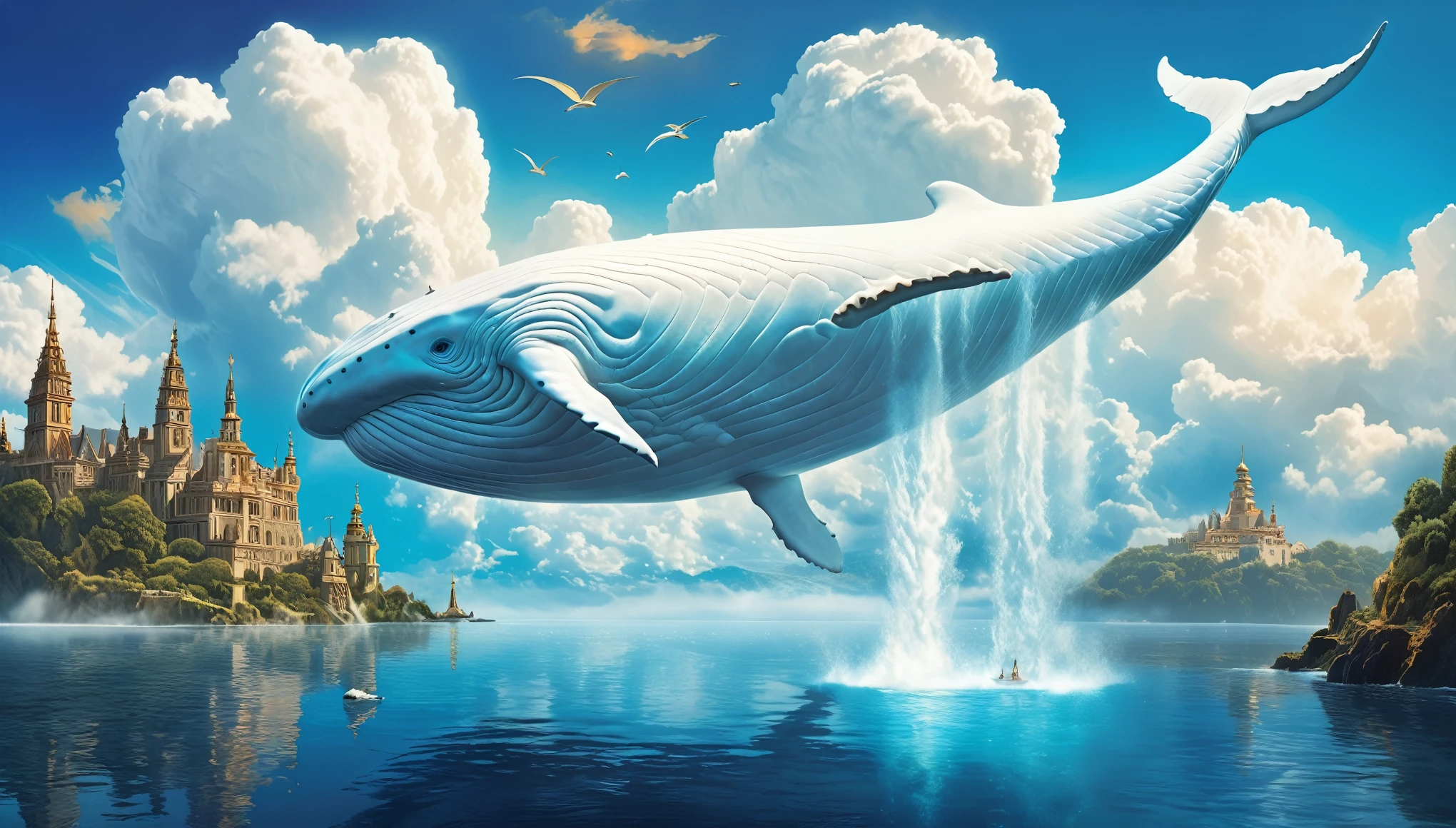 (Masterpiece:1.2),fantasy art, giant ((white whale ))with wings, Floating in the air,, surreal scenery, Magical atmosphere, Intricate details, majestic architecture, ethereal clouds, Vibrant colors, Breathtaking scale, fairytale-like, Soft and dreamy lighting, , awe-inspiring composition, intricate textures, Fantasy elements, , otherworldly beauty, an epic fantasy, a peaceful and serene atmosphere, Mesmerizing and fascinating