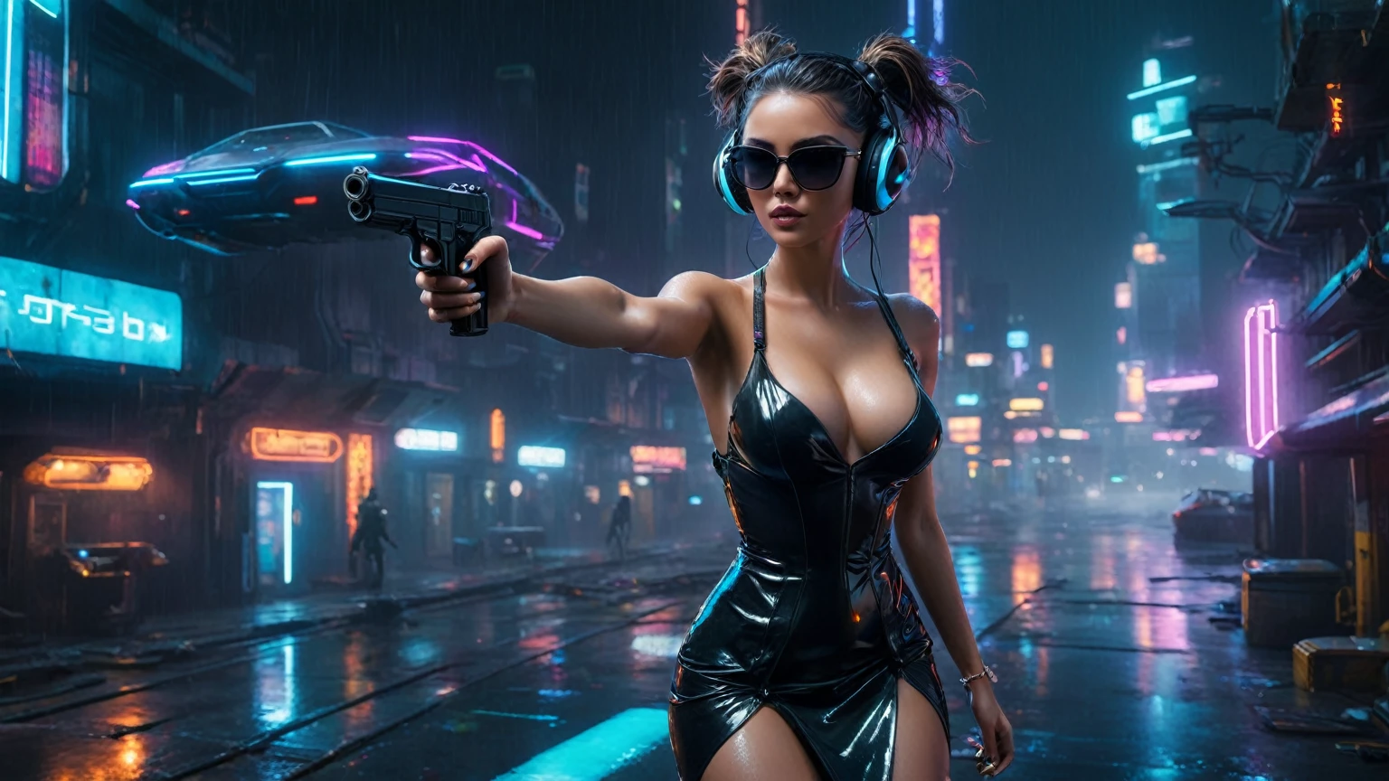 (aerial view, a flying cars docking platform, a very dark abandoned futuristic city, neon lights), rainy night. (((1girl, solo, alone))), large-breast:1.2 slim body, cleavage:1.1, sexy wind blowing wet dress:1.4, (((headphone, black sunglasses, standing and holding pistol:1.8, dynamic rushing pose))), (((((half-body thigh level medium shot))))), cinematic lighting, lens flare, ray tracing.