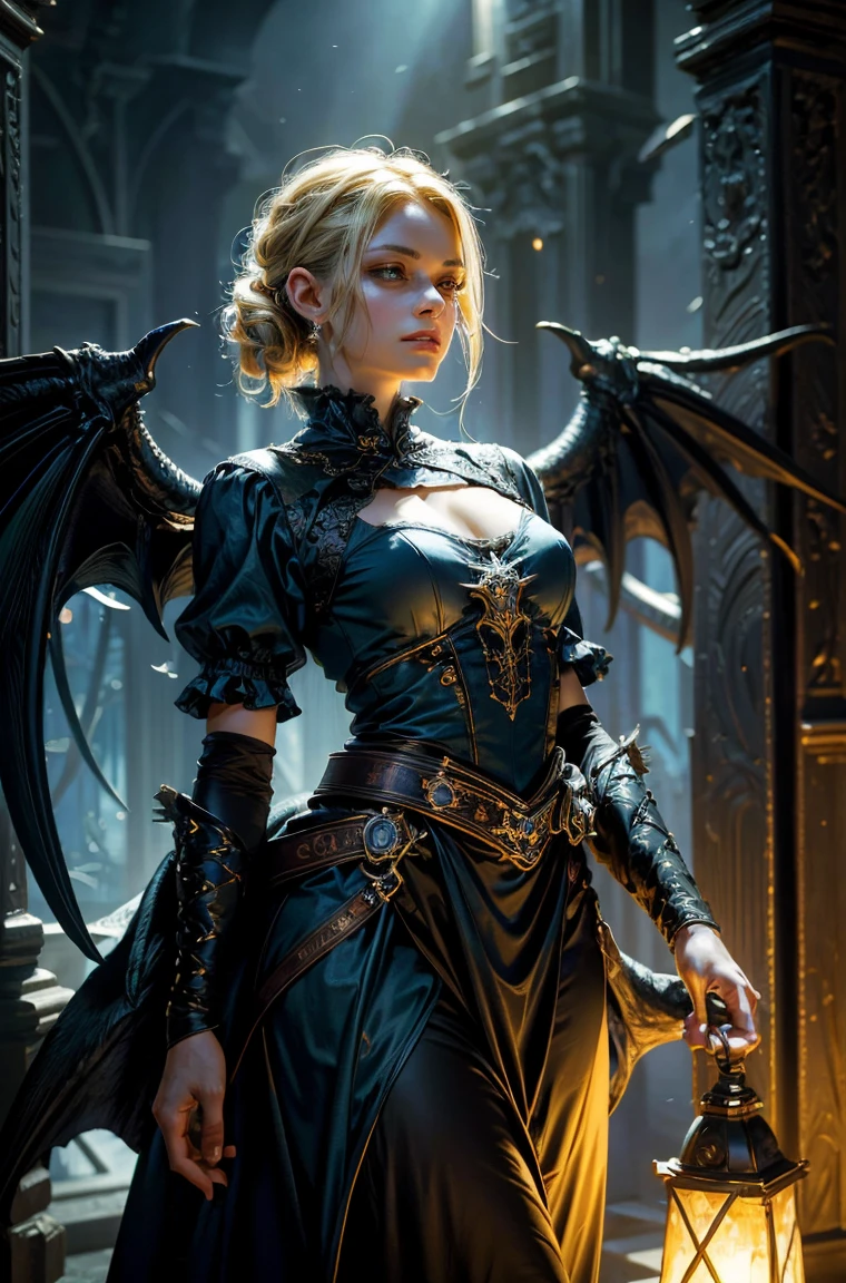 60 year old Standing wearing a ankle length or full colorful dress that covers her thighs BLONDE A female blonde succubus with bat wings tipped with claws, with mesmerizing feature masterpiece, top quality, best quality, official art, beautiful and aesthetic:1.2), (1girl), extreme detailed,(fractal art:1.3), colorful, highest detailed, (masterpiece, best quality:1.3) 1 bright-amber, blue, green cat like-eyes, professional digital painting, Unreal Engine 5. wearing a long dress, Hopeful expression, finely detailed eyes, happy mood, Wearing a full coverage blouse, epic scene, epic composition, Cinematic Lighting, Volumetric Lighting, ethereal light, intricate details, extremely detailed volumetric rays. oil painting, Detailed facial features, Sunlight, bright colors, dramatic lighting, expressive eyes and lips, High Resolution, 4K quality, Photorealistic