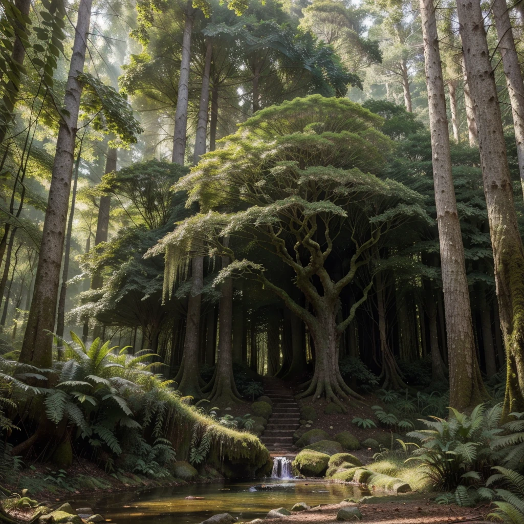 a dense, ancient forest with towering trees, intertwining branches, and a thick canopy, lush green ferns, moss, colorful wildflowers, a narrow winding path, gnarled roots, mystical glowing plants, wildlife like deer, rabbits, and birds, a sparkling clear stream, a magical and slightly eerie atmosphere with hints of ancient ruins overgrown by vegetation, (best quality,4k,8k,highres,masterpiece:1.2),ultra-detailed,(realistic,photorealistic,photo-realistic:1.37),highly detailed, intricate details, dramatic lighting, vibrant colors, cinematic composition, fantasy forest, ethereal, mystical, enchanted, old growth forest, cathedral-like, verdant, primordial