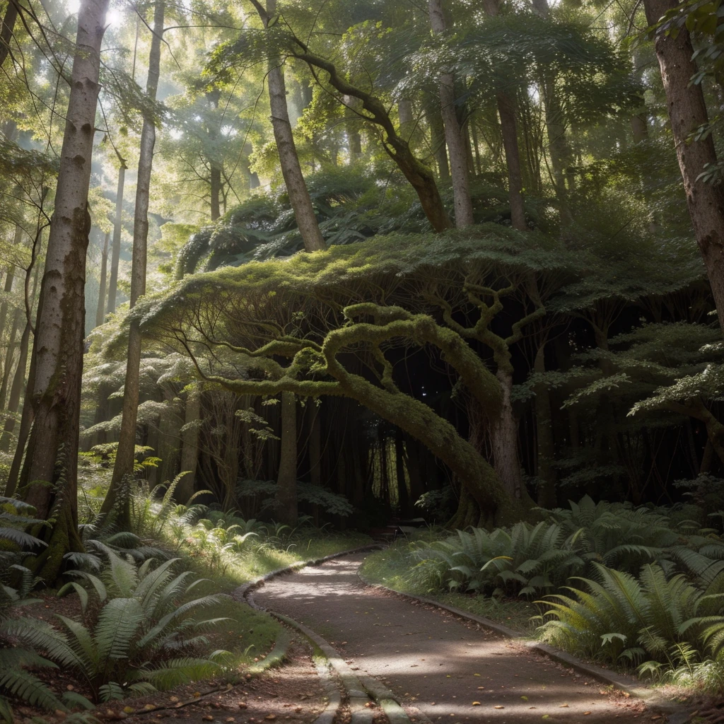 a dense, ancient forest with towering trees, intertwining branches, and a thick canopy, lush green ferns, moss, colorful wildflowers, a narrow winding path, gnarled roots, mystical glowing plants, wildlife like deer, rabbits, and birds, a sparkling clear stream, a magical and slightly eerie atmosphere with hints of ancient ruins overgrown by vegetation, (best quality,4k,8k,highres,masterpiece:1.2),ultra-detailed,(realistic,photorealistic,photo-realistic:1.37),highly detailed, intricate details, dramatic lighting, vibrant colors, cinematic composition, fantasy forest, ethereal, mystical, enchanted, old growth forest, cathedral-like, verdant, primordial