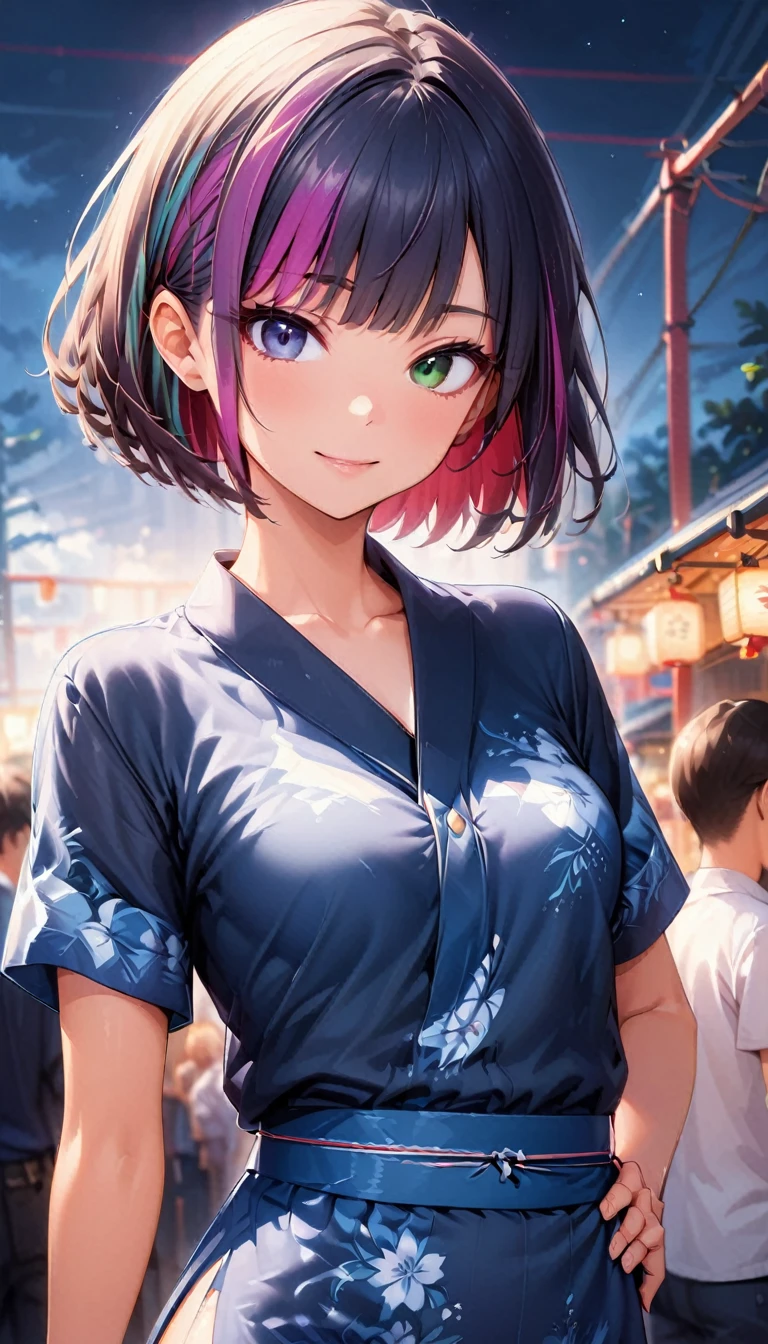 (highest quality:1.2, Very detailed, up to date, Vibrant, Ultra-high resolution, High Contrast, masterpiece:1.2, highest quality, Best aesthetics), Portraiture、girl、solo, (25-years-old:1), slim, , heterrochromia, green eye, red eye, (traditional indigo color yukata), summer festival, bon dance, Bright colors、Beautiful fine details、Beautiful lip detail、extra short hair, ((bob cut:1.5))、pink and purple, ((streaked hair:1.9)), (highlights hair: 1.6), (small breast:1.3), (tan skin:0.7), cowboy shot:1
