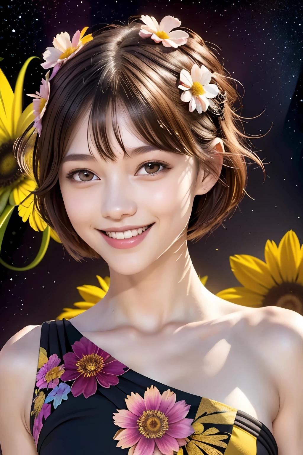 257 20-year-old female, (short hair),(Abstract background,Fractal Art), smile, flower