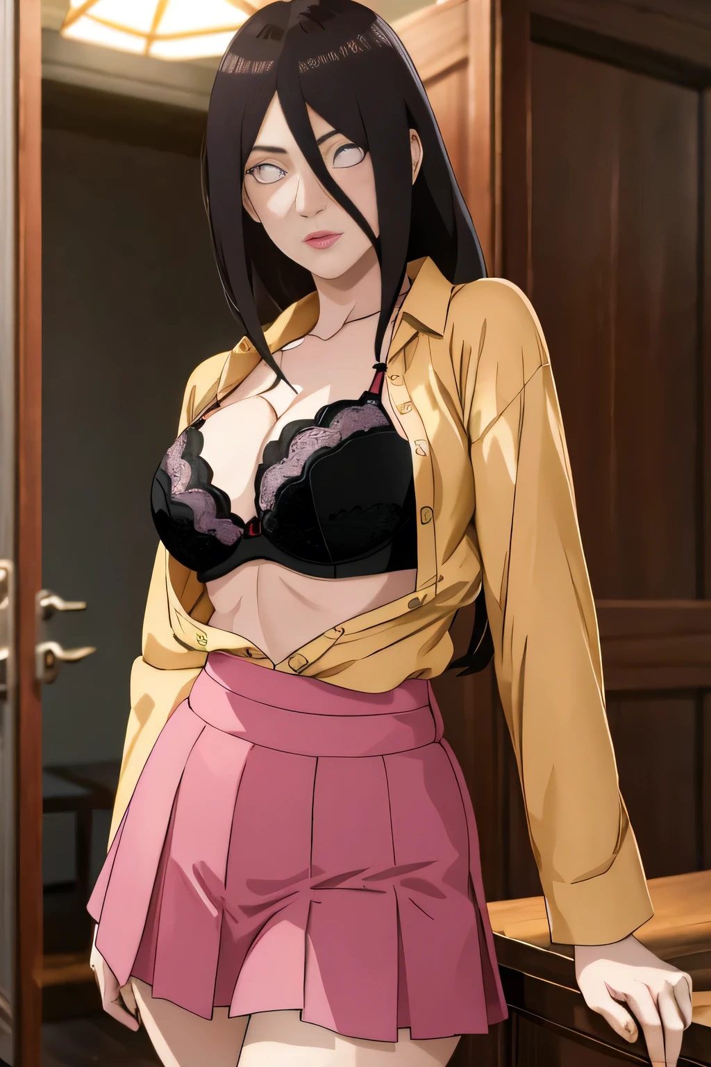 masterpiece, absurdities, hanabi\(boruto\), 1 girl, Alone,mature woman, Detailed bra lenjerie, Detailed thong lenjerie, wearing a open shirt, open bluse, wearing skirt, open skirt), perfect composition, Detailed lips, mama, beautiful face, body proportion, blush, (pink lips), long hair,  purple eyes,  soft look,  super realistic, Detailed, Photoshoot, realistic face and body, thighs, whole body, erotic pose, provocative pose, standing pose view, ONE GIRL, ALONE