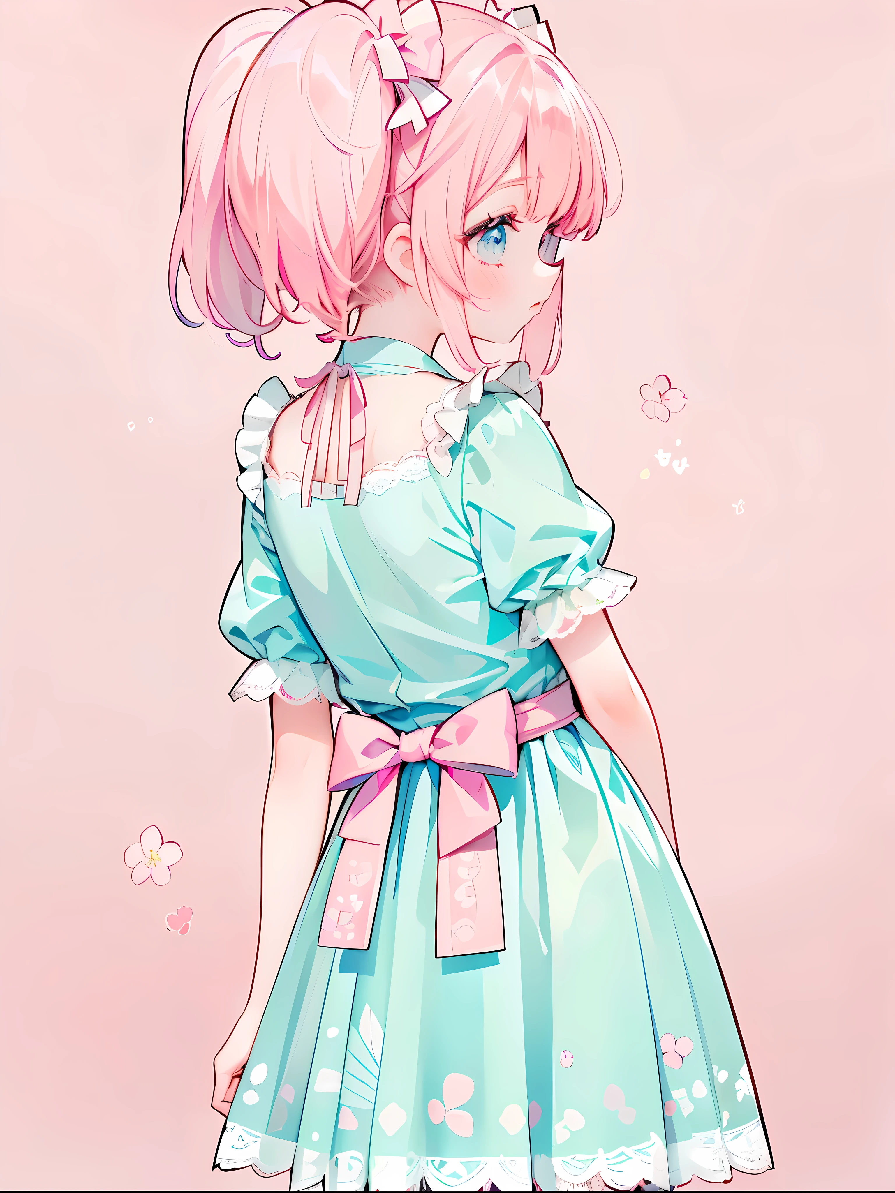 (masterpiece:1.2), best quality, highres, original, (extremely detailed:1.2), ultra-detailed, wallpaper, perfect lighting,(extremely detailed CG:1.2), 8k, 1boy, solo, crossdressing, tomgirl, kawaii, (twintails, flat chest, pink hair, light-blue eyes:1.1), (Lolita Fashion, pink dress, short-sleeves, bowknot on waistline, lace hemline, knee-length dress, delicate dress:1.2), (anatomically correct:1.3), standing, close-up, from behind, view of back, back-angle, (dreamlike background, pink background, girly background, sakura patterns:1.2)