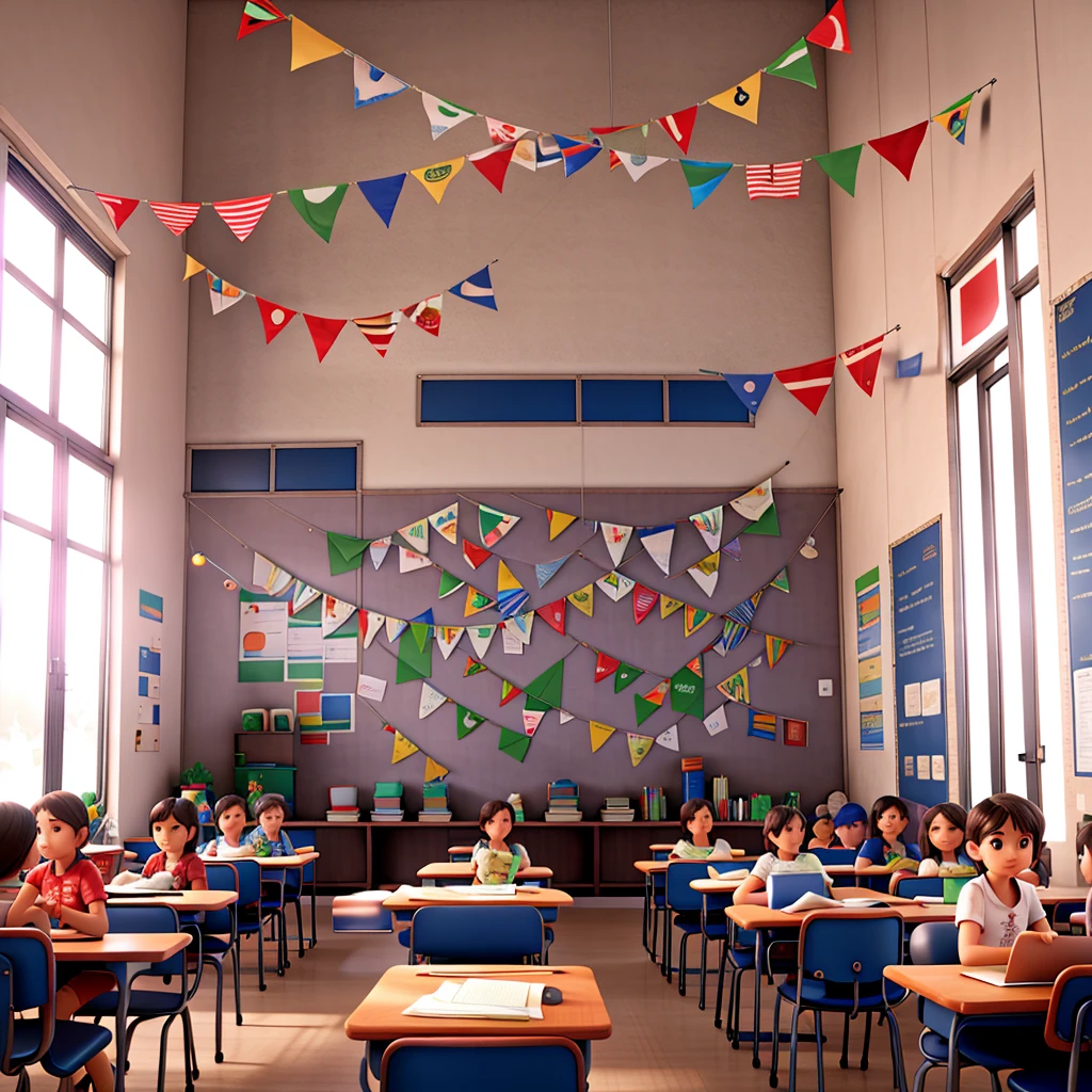 image of a classroom with students and decorated with various flags from countries around the world