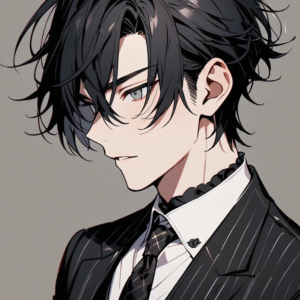 Handsome, solo, 1 male, short hair, black hair, grey eyes, black suit