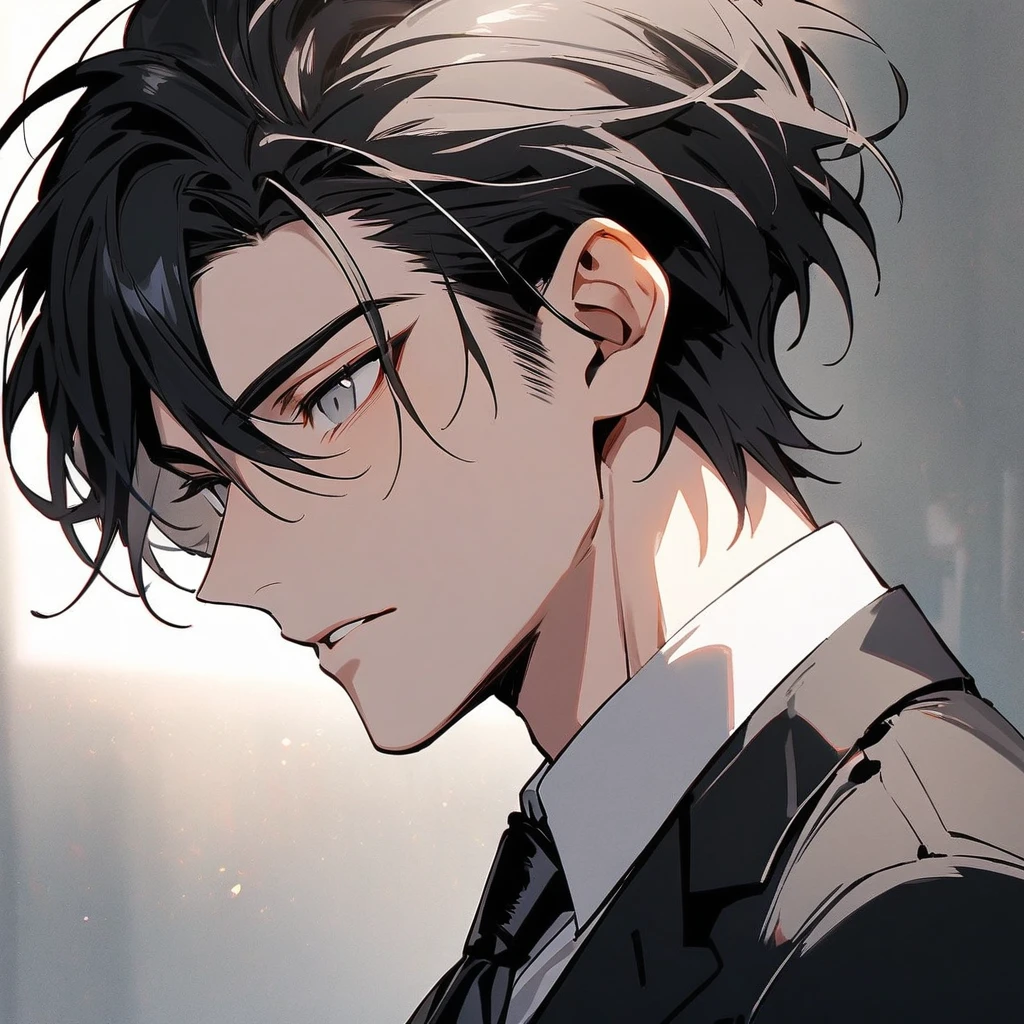 Handsome, solo, 1 male, short hair, black hair, grey eyes, black suit