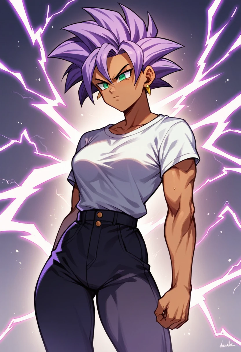 1girl, alone, Saiyan, spiky dark purple hair, green eyes, slim, slim waist, wide hips, dark skin, medium breasts, no clothes, naked, bobs, white t-shirt, black pants, super saiyan, lightning around, lightning purple, purple lightning around, energy around, ki energy, purple energy, yellow earring in the right ear, hakai, hakaishin