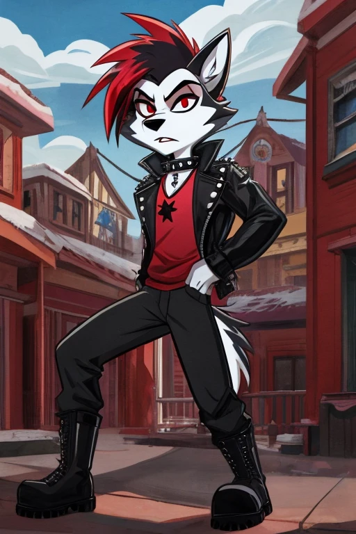 Art helluva boss,furry masculino,husky,black and white fur color,beauty,black and red hair color,red eyes, white pupils,normal facial expression,Dog Collar,punk jacket,red shirt,black military pants,military boots, suburban cartoon scenery.