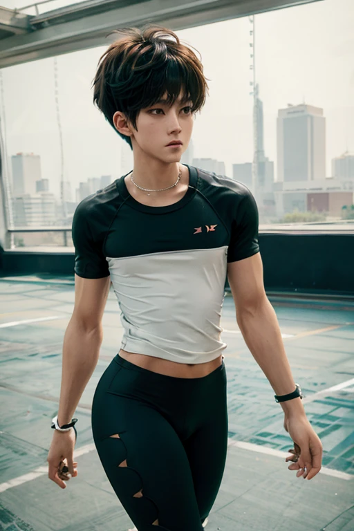 Young man wearing leggings,t shirt,long legs, thick thighs, large wide hips, thin and narrow weist, big large feminine bre-asts , very small spikey boyish haircut , penis bulge , running court