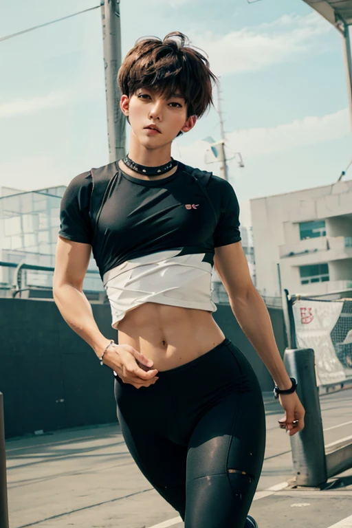 Young man wearing leggings,t shirt,long legs, thick thighs, large wide hips, thin and narrow weist, big large feminine bre-asts , very small spikey boyish haircut , penis bulge , running court