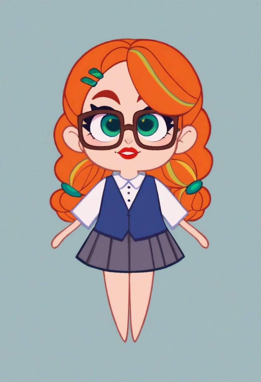penelope, solo, 1girl, standing, full body, ginger braided hair with circular green clips at the ends, black clips on hair, brown glasses, emerald green eyes. white long-sleeved shirt underneath vest, blue rhombus-themed vest (colors: blue, red and goldenrod), dark grey skirt, white sneaker, pink upper lip, lipstick