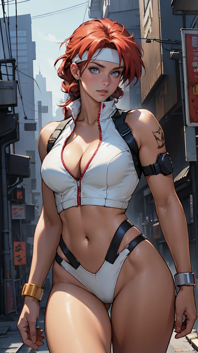 ((Masterpiece, highest quality; 1.3)), super quality, beautiful detail, super detailed, extra fine, 16K, exquisite, absurd, high resolution, beautiful background, detailed background, beautiful eyes, beautiful skin, anime style, Kay from Dirty Pair in a white outfit, tight outfit, cleavage, bushy redhead beauty, very light blue uniform, wearing tight clothes, skimpy, (mid chest: 1.2), cleavage, cleavage, slim waist , thin waist, slim thighs, thin legs, slim legs. thigh gap, showing stomach, skinny, thin hips, cyberpunk city background, holding retro space gun , headband, 