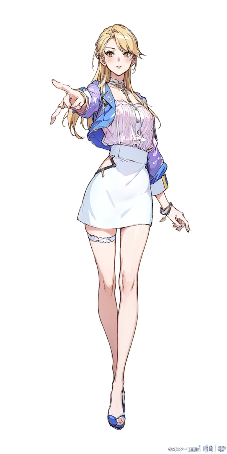 Anime girl in a short skirt and jacket pointing at something, April Rendering, From the Azur Lane video game, From Girl Front, Full body illustration, anime Full body illustration, Azur Lane Characters, Azur route style, Cute anime girl in a beautiful skirt, Official Character Art, Cute girl anime visual, Girls Frontline style, I will also draw the fan