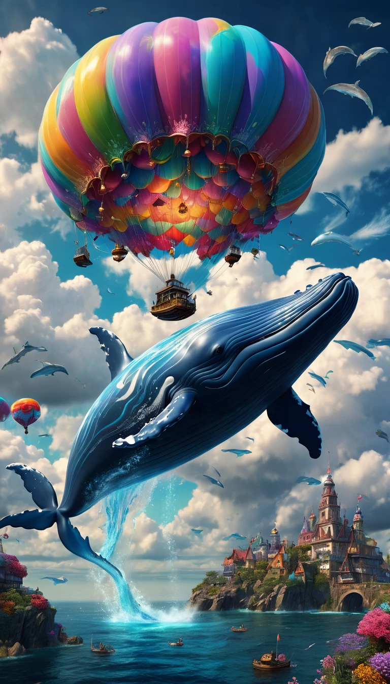 a flying whale, whale in the sky, whimsical digital art, surreal landscape, fantasy creature, magical realism, cinematic lighting, dramatic clouds, vibrant colors, ethereal atmosphere, intricate details, photorealistic, (best quality,4k,8k,highres,masterpiece:1.2),ultra-detailed,(realistic,photorealistic,photo-realistic:1.37)