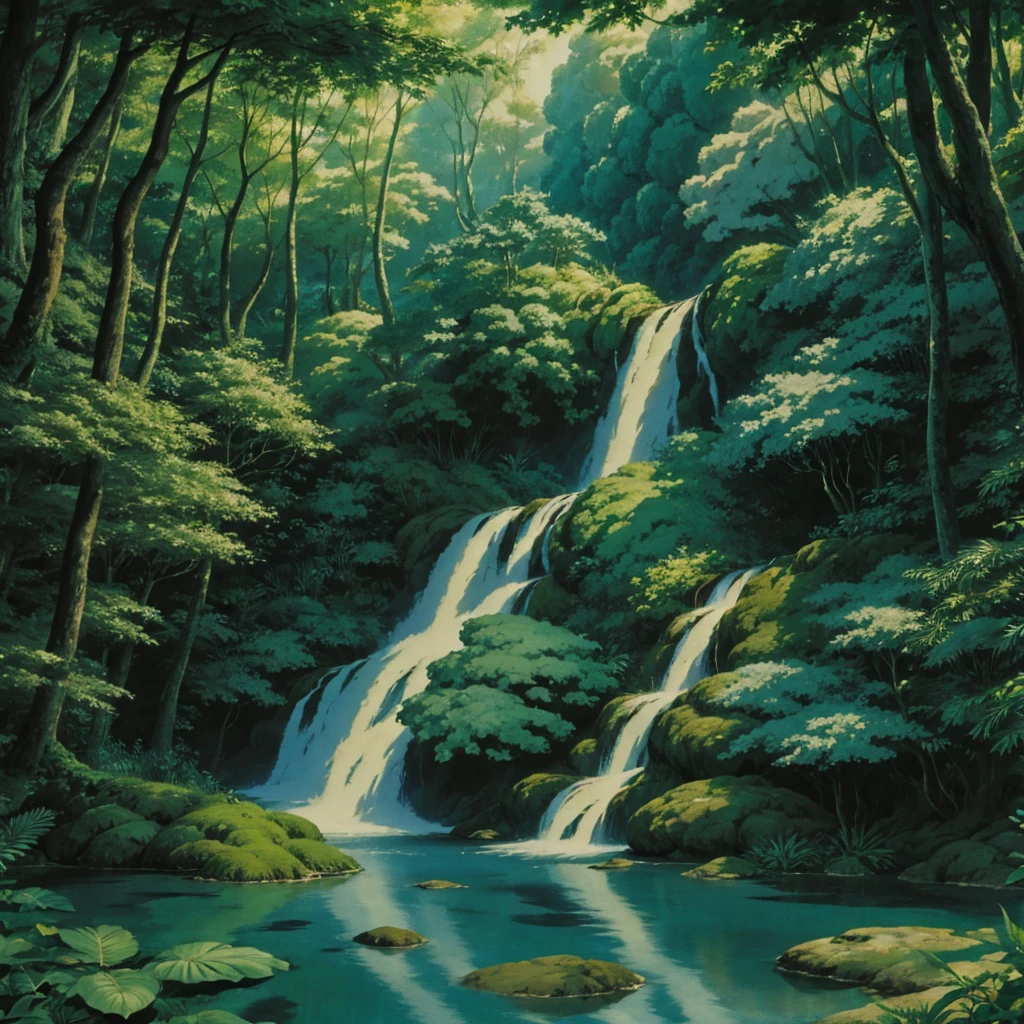Forest waterfall summer Studio Ghibli Style