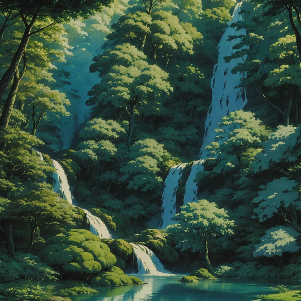 Forest waterfall summer Studio Ghibli Style