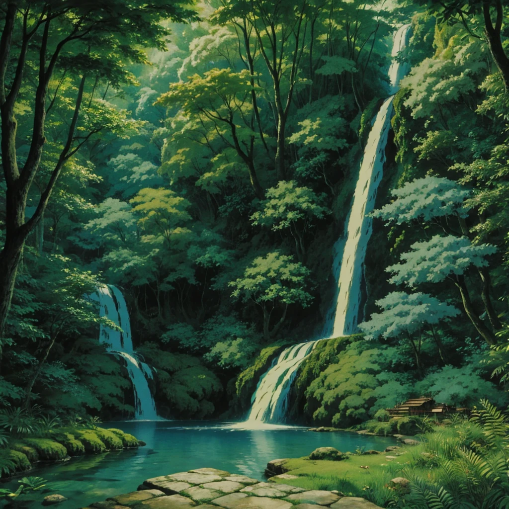 Forest waterfall summer Studio Ghibli Style