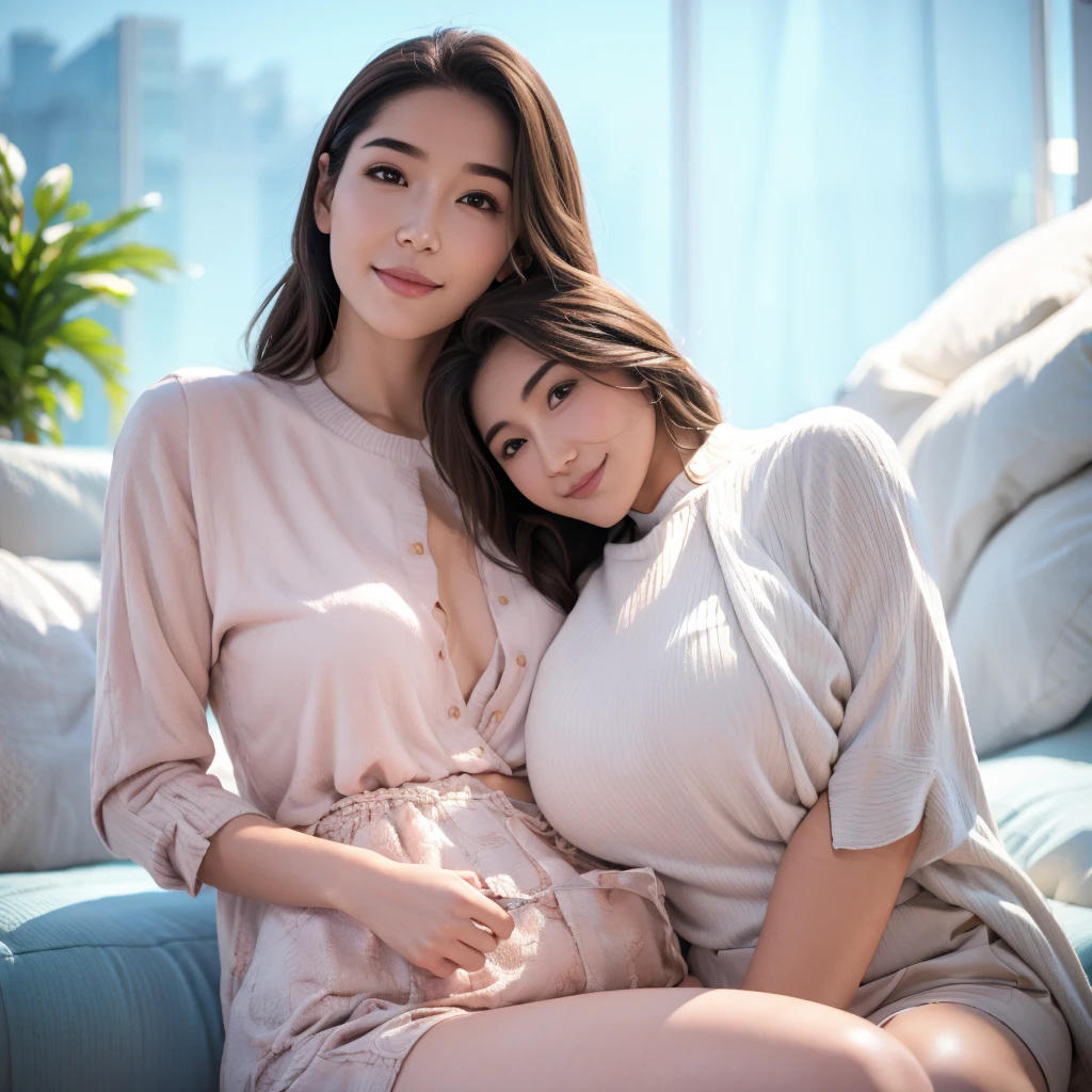 a gorgeous MILF, 2 women, mother and daughter, date setting, family lover, casual outfit, smiling shyly with rosy cheeks, beautiful detailed eyes, beautiful detailed nose, beautiful detailed lips, elegant feminine pose, intricate hijab folds, delicate skin, warm lighting, (best quality,4k,8k,highres,masterpiece:1.2),ultra-detailed,(realistic,photorealistic,photo-realistic:1.37),award winning digital art, cinematic lighting, vibrant colors, natural skin texture, high fashion editorial