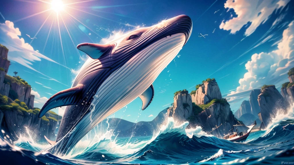 Flying whale jumps over a yacht, opening its huge mouth, clear sunny sky, splashing water, (best quality,4k,8k,highres,masterpiece:1.2),ultra-detailed,(realistic,photorealistic,photo-realistic:1.37),detailed whale anatomy,dramatic lighting,cinematic composition,vibrant colors,smooth shading,dramatic ocean waves,shimmering sun reflection,