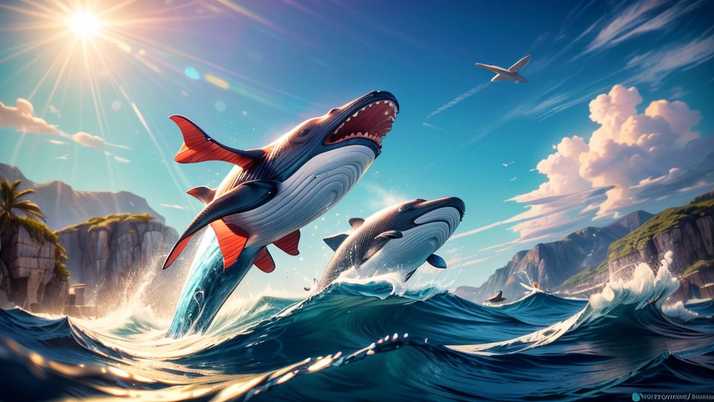 Flying whale jumps over a yacht, opening its huge mouth, clear sunny sky, splashing water, (best quality,4k,8k,highres,masterpiece:1.2),ultra-detailed,(realistic,photorealistic,photo-realistic:1.37),detailed whale anatomy,dramatic lighting,cinematic composition,vibrant colors,smooth shading,dramatic ocean waves,shimmering sun reflection,