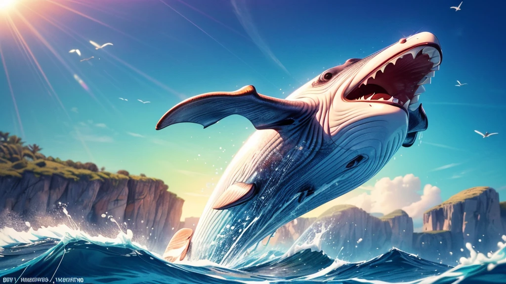 Flying whale jumps over a yacht, opening its huge mouth, clear sunny sky, splashing water, (best quality,4k,8k,highres,masterpiece:1.2),ultra-detailed,(realistic,photorealistic,photo-realistic:1.37),detailed whale anatomy,dramatic lighting,cinematic composition,vibrant colors,smooth shading,dramatic ocean waves,shimmering sun reflection,