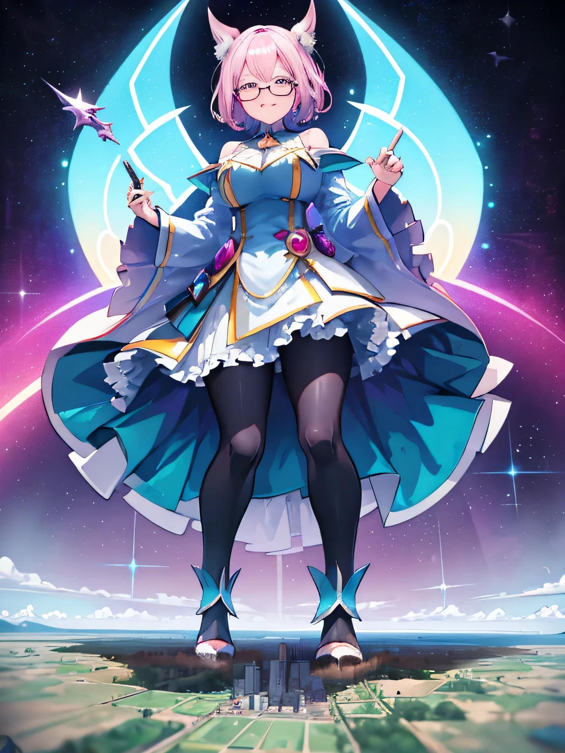 3girls, giantess art, highly detailed giantess shots, giantess, most detailed, perfect face, Two legs, Five fingers, short hair, A beautiful girl who is bigger than a skyscraper, Wearing rimless glasses, smile, huge breasts, blue base magical girl dress, bow, magical girl, holding a magical wand, black pantyhose, blue stiletto heels, thunderbolt from a magical wand, Destroying cities, Under heavy attack, A very small big city, Miniature metropolis, Full body description, GTS, giga giantess, stomping city, crash city, tiny city, micro city, pantyhose feet, High resolution, highest quality, masterpiece,
