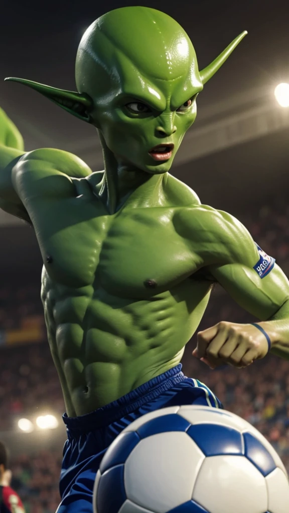  A male green alien playing soccer. 