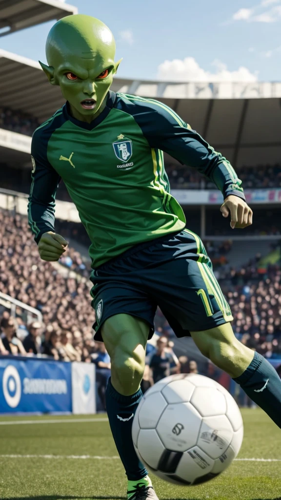 A male green alien playing soccer.