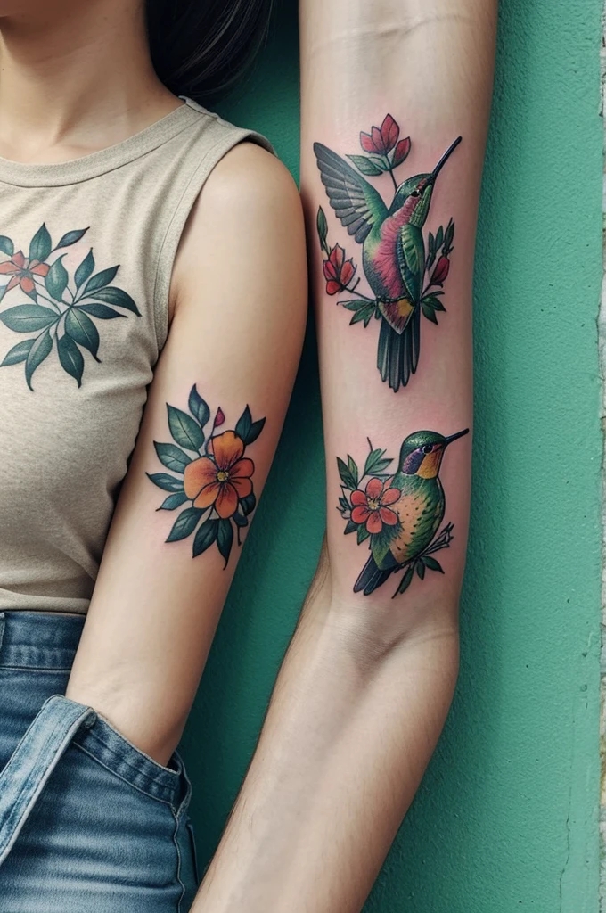 Tattoo style vegetation design with flowers and hummingbird