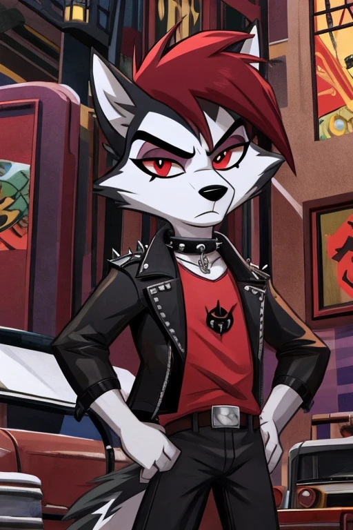 Art helluva boss,furry masculino,husky,black and white fur color,beauty,black and red hair color,red eyes, white pupils,normal facial expression,Dog Collar,punk jacket,red shirt,black military pants,military boots, suburban cartoon scenery.