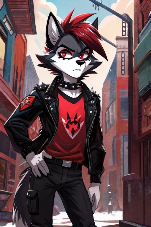 Art helluva boss,furry masculino,husky,black and white fur color,beauty,black and red hair color,red eyes, white pupils,normal facial expression,Dog Collar,punk jacket,red shirt,black military pants,military boots, suburban cartoon scenery.