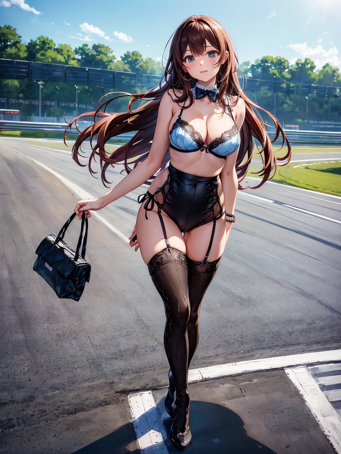 (((masterpiece, Highest quality, High resolution, 超High resolution, Perfect Pixel, Depth of written boundary, 4K, RTTX 10.0))), Beautiful Anime Woman, Beautiful art style, Anime characters, ((Smooth texture, Realistic texture, Anime CG Style)), Exact finger count、Exact number of legs、(Exact number of arms:1.0, Exact number of hands:1.0), (Perfect hands, Perfect Anatomy), Cinematic, Realistic, Extremely detailed CG, Daytime lighting, Perfect lighting, Best Shadow, The best natural light, whole body, Perfect body, バランのとれたPerfect body, Perfectly balanced style, Slender body, ((Long Hair, bangs, Reddish brown hair, Stylish hairstyle)), ((A cute woman is walking sexy:1.8)), ((Bow tie around neck:1.3), (Black high heels:1.2), (Sexy and cute light blue underwear:1.3), (Stylish shiny light blue satin panties, Side-tie panties, The panties are plain light blue in the center with lace decoration on the sides.:1.3), (Thin panties:1.3), (Light blue micro lace satin bra, Light blue bra with lace trim, Thin bra:1.3), (garter belt, Black knee socks:1.3):1.3), (Beautiful big , Cleavage:1.1), (Embarrassed expression:1.5), (blush:1.2), (Daytime circuit, Spectators at the circuit, car race, Racing car behind:1.6), naked, In underwear, whole body, Angle from the front, chizuru