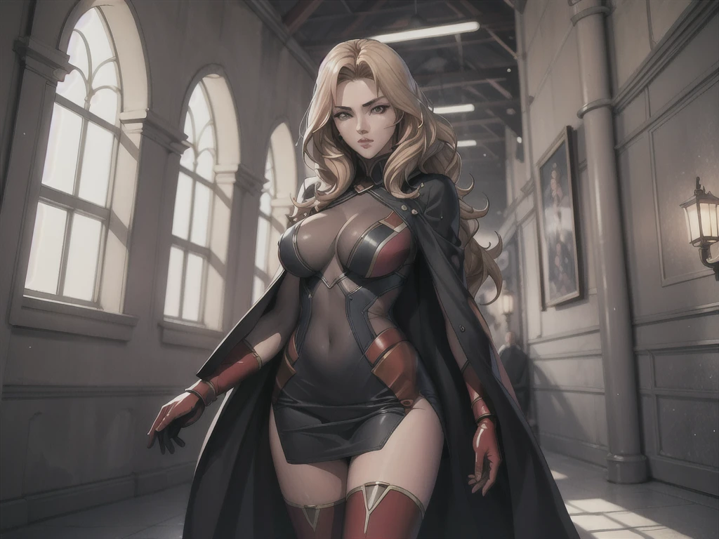 1girl,Alicia Viewsrtream, blonde hair, wavy hair, long hair, red eyes,red lips,red impossible clothes,red elbow gloves,red thigh boots,cape,incredibly absurdres,thighs,realistic,reality,hetero, best quality:1.4, intricate details, sharp focus, highres, elaborate atmosphere:0.90, 8K, 4K, UHD, 32k UHD resolution, Ultra Detailed 8K CG, ultra high res, High quality texture, High quality shadows, vivid colors, detailed eyes, depth of field, soft lighting, masterpiece, best quality, intricate, (lens reflection: 0.7), (flowering: 0.7), particle effects, ray tracing, tone mapping, highly detailed, concept art, smooth, sharp focus, dramatic lighting, highly detailed art,  trending on Artstation, 8K, amazing shadows, realistic, (highly detailed background: 1.2), oda non style, indoors, palace, lights, windows, day,