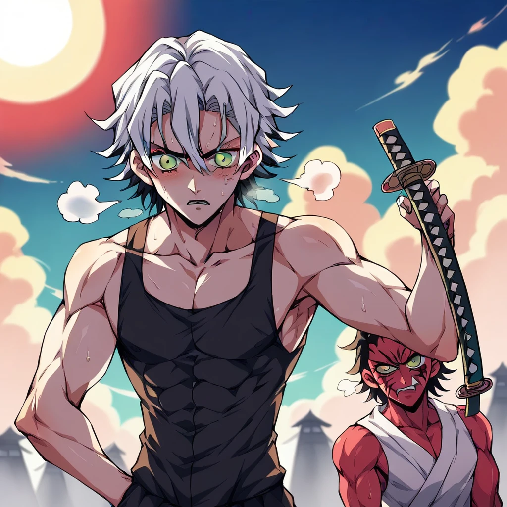 1 men, bonitas, spiky white hair, vibrant green eyes, slim , アニメ, 19yearsold, 19 years, a small black goatee , double katana(atacando com um poder de fogo chamado de Breath of the Sun(demon slayer アニメ, making several attacks with this move)., Tank top , demon slayer, Breath of the Sun, .