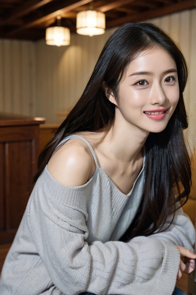(masterpiece:1.3), (8k, Photorealistic, Raw photo, Best image quality: 1.4), Japanese women、(Shoulder-length hair:1.2)、Indoors at night、Super detailed face、Attention to detail、double eyelid、((Off the shoulder)),Put your chest together、Sharp focus:1.2、Beautiful woman:1.4、Light brown hair、Highest quality、masterpiece、Ultra-high resolution、(Photorealistic:1.4)、Highly detailed and professional lighting、thin、Shy smile、,((Half-taken clothes:1.5)) ,she,Spoiled