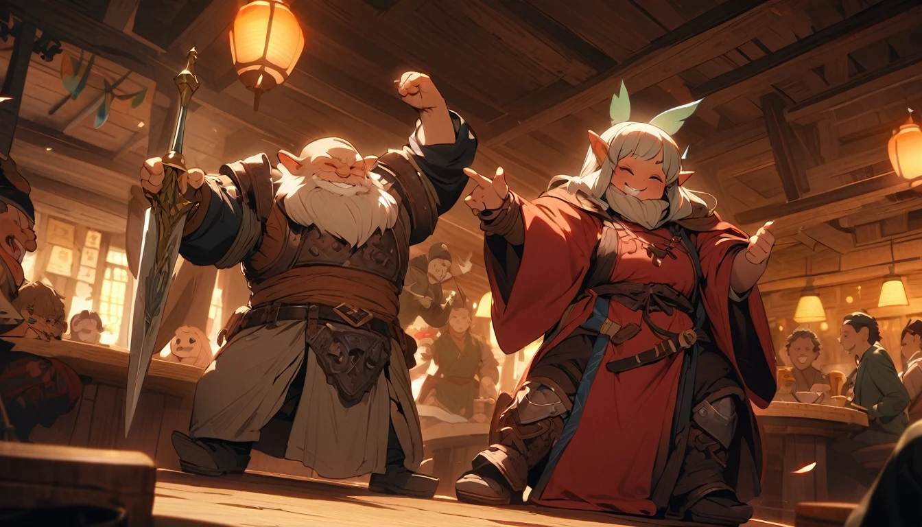 (masterpiece:1.4), (Highest quality:1.4), Very detailed, Complex, Very detailed, shape,Soft lighting, Tavern, More than one personで語り合う, Hopeful Face, smile, More than one person, Mixed gender, a group of adventurers, character from RPG games, (character: human, Fairy, Fairy, Dwarf, The Hobbit), (exterior: Swordsman Style, Shaman Style, Monk Style, Magician style), (belongings: Long sword, dagger, Holy Staff, Magic wand, shield, metal armor, Leather Armor), Perfectly accurate anatomical shape、All limbs intact、Perfect full finger, Colorful characters, Drinking alcohol and getting drunk, Make friends with people in the city,Huge, Majestic, Uplifting expressions, みんなのsmileが素晴らしい.