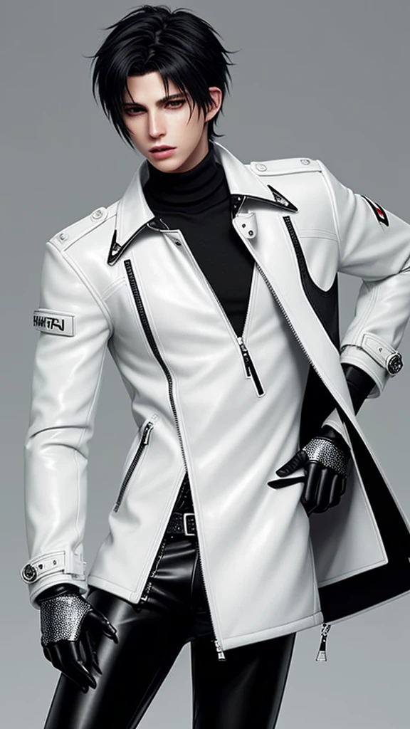 Final fantasy taste and reality graphics, Japanese young cute and cool ikemen  boy, his age is early 20s, thin eyebrows and beady eyes,  he wearing off white color leather  thick material jacket, jacket is singlebrest, biker style jacket, with epaulet, jacket is long sleeve, must close the front of the leather jacket, , jacket is voluminous, ,must jacket is high length and stand-up collar with two belts, jacket is a little black color line pattern,close the front of the jacket, also wearing black thick material turtleneck lackluster shirts,  tight black leather pants,  black leather tight and thin glove, black leather knee-high raceup boots,must views  head-to-toe,must views whole body, boy looks like fashion model,Do not show skin from the neck down,leather jacket leather glove and leather pants have few wrinkles,boy in the prison room, Avoid showing your innerwear,zip up jacket fastner.