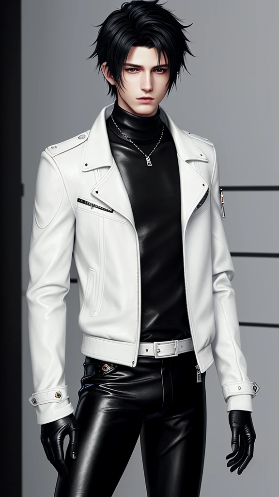 Final fantasy taste and reality graphics, Japanese young cute and cool ikemen  boy, his age is early 20s, thin eyebrows and beady eyes,  he wearing off white color leather  thick material jacket, jacket is singlebrest, biker style jacket, with epaulet, jacket is long sleeve, must close the front of the leather jacket, , jacket is voluminous, ,must jacket is high length and stand-up collar with two belts, jacket is a little black color line pattern,close the front of the jacket, also wearing black thick material turtleneck lackluster shirts,  tight black leather pants,  black leather tight and thin glove, black leather knee-high raceup boots,must views  head-to-toe,must views whole body, boy looks like fashion model,Do not show skin from the neck down,leather jacket leather glove and leather pants have few wrinkles,boy in the prison room, Avoid showing your innerwear,zip up jacket fastner.