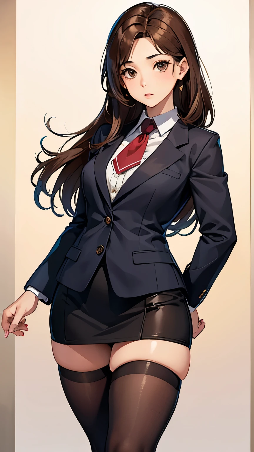 Highest quality, Tabletop, Beautiful mature woman、Beautiful Face、Faint-hearted woman、Office Suits、Tight mini skirt、Brown haired、Brown eyes、Long Hair、Small eyes、Looks like a whole body、Plump body