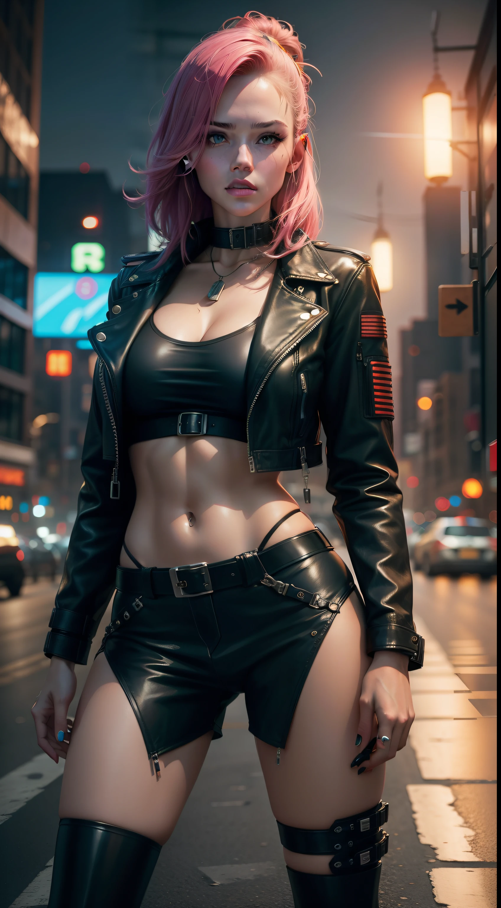 Hannah Hays looklike cyberpunk model, leather jacket, higheels